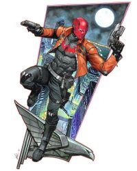Rule 34 | 1boy, batman (series), belt, body armor, boots, brown jacket, dc comics, dual wielding, gloves, gun, handgun, harness, helmet, highres, holding, holding gun, holding weapon, holster, jacket, jason todd, jorge molina, knee pads, leather, leather jacket, male focus, red hood (dc), thigh holster, thigh strap, traditional media, weapon
