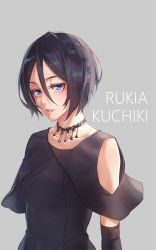 Rule 34 | 1girl, black dress, black gloves, black hair, bleach, blush, casual, character name, clothing cutout, collarbone, dress, elbow gloves, gloves, grey background, hair between eyes, highres, kuchiki rukia, looking at viewer, parted lips, purple eyes, shoulder cutout, solo, tight (ohmygod), upper body