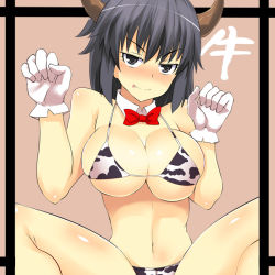 Rule 34 | 1girl, animal print, arms up, bad id, bad pixiv id, bikini, black hair, blush, bow, breasts, cleavage, collar, cosplay, cow print, framed, gloves, grey eyes, horns, large breasts, licking lips, navel, original, short hair, solo, spread legs, sugamo, swimsuit, tongue, tongue out, underboob, white bikini, white gloves