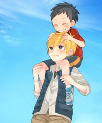 Rule 34 | 2boys, age difference, bad id, bad pixiv id, black eyes, black hair, blonde hair, carrying, closed eyes, grin, highres, male focus, multiple boys, original, shirt, shoes, shorts, shoulder carry, smile, sneakers, touyama (t3yama2), vest
