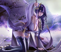 Rule 34 | 1girl, absurdres, armor, black thighhighs, braid, breasts, bridal gauntlets, cleavage, commentary request, electricity, floral print, flower, genshin impact, hair ornament, highres, holding, holding sword, holding weapon, human scabbard, japanese clothes, kimono, large breasts, long hair, long sleeves, looking at viewer, noahsiu, obi, obiage, obijime, purple eyes, purple flower, purple hair, raiden shogun, ribbon, sash, shoulder armor, solo, sword, tassel, thighhighs, weapon, wide sleeves