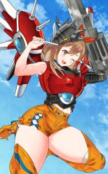 Rule 34 | 1girl, ;d, absurdres, arm cannon, armor, arms up, artcetona, atelier (series), atelier ryza, blue choker, blue sky, blush, boots, breasts, brown eyes, brown hair, choker, cloud, commentary, cosplay, day, digimon, floating, hair between eyes, hair ornament, hair ribbon, highres, large breasts, looking at viewer, mask, mask on head, mecha musume, mechanical wings, midriff peek, navel, one eye closed, open mouth, orange footwear, orange shorts, pun, red armor, red ribbon, reisalin stout, ribbon, rizegreymon, rizegreymon (cosplay), short hair, short shorts, shorts, sidelocks, single bare shoulder, sky, smile, solo, teeth, thick thighs, thigh boots, thighhighs, thighhighs under boots, thighs, upper teeth only, weapon, white thighhighs, wings
