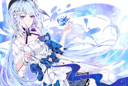 Rule 34 | 1girl, aer007580, blue bow, blue hair, blue headwear, bow, dress, dutch angle, griseo, griseo (starry impression), highres, holding, holding brush, honkai (series), honkai impact 3rd, light blue hair, long hair, looking to the side, parted lips, purple eyes, solo, twintails, very long hair, white dress