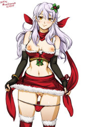 Rule 34 | 1girl, alternate costume, artist name, black gloves, bracelet, breasts, christmas, closed mouth, clothes lift, dated, elbow gloves, fingerless gloves, fire emblem, fire emblem: radiant dawn, fur trim, gloves, jewelry, lifting own clothes, long hair, micaiah (fire emblem), mina cream, narrow waist, navel, nintendo, nipples, panties, panty pull, pussy, red panties, red scarf, scarf, silver hair, simple background, skirt, smile, solo, underwear, white background, yellow eyes