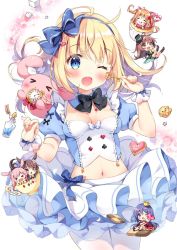 Rule 34 | &gt; &lt;, 6+girls, :3, ;d, ahoge, alice (alice in wonderland), alice in wonderland, animal ears, black bow, black shirt, blonde hair, blue bow, blue collar, blue eyes, blue hair, blue hairband, blush, bottle, bow, breasts, brown eyes, brown hair, chibi, cleavage, club (shape), collar, commentary request, cookie, crop top, crown, cup, detached collar, diamond (shape), drink me, eat me, food, hair bow, hairband, hands up, heart, holding, holding key, in container, in cup, juliet sleeves, key, layered skirt, long hair, long sleeves, looking at viewer, medium breasts, midriff, mini crown, mini person, minigirl, multiple girls, nail polish, navel, one eye closed, open mouth, pan (mimi), pink hair, pink nails, pleated skirt, pocket watch, puffy short sleeves, puffy sleeves, rabbit ears, roman numeral, shirt, short sleeves, skirt, smile, spade (shape), stuffed animal, stuffed rabbit, stuffed toy, sugar cube, teacup, tilted headwear, twintails, very long hair, watch, wavy mouth, white skirt, wrist cuffs