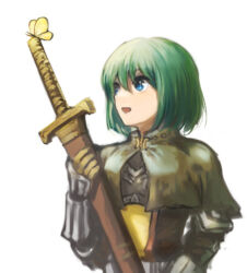 Rule 34 | 1girl, blue eyes, brown capelet, brown dress, bug, butterfly, capelet, chest guard, commentary request, dress, gauntlets, green hair, hair between eyes, holding, holding sword, holding weapon, insect, looking at animal, lowres, medium bangs, mogukk, open mouth, ragnarok online, short hair, simple background, smile, solo, sword, swordsman (ragnarok online), upper body, weapon, white background, yellow butterfly
