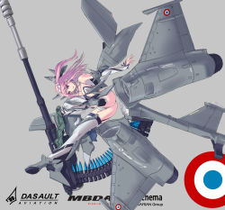 Rule 34 | 1girl, 30x150mm, 30x150mm b, ammunition, ammunition belt, anti-materiel cartridge, armpits, ass, autocannon, belted magnum, bullet, canards, cannon, cannon cartridge, dassault rafale, elbow gloves, fingerless gloves, full-power cartridge, giat 30, giat 30m 791, gloves, grey background, gun, hair ornament, highres, jet engine, large-caliber cartridge, looking at viewer, mecha musume, nenchi, personification, pink eyes, pink hair, revolver cannon, side ponytail, simple background, smile, solo, weapon, wings