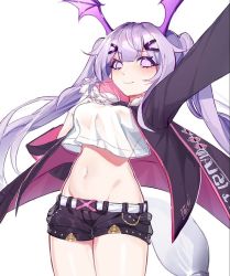 Rule 34 | 1girl, arknights, arm up, black jacket, black shorts, breasts, cowboy shot, crop top, crop top overhang, female focus, groin, hair ornament, hairclip, head wings, highres, jacket, long hair, looking at viewer, manticore (arknights), medium breasts, midriff, navel, open clothes, open jacket, purple eyes, purple hair, shibuya (kurokamishain), shirt, short shorts, shorts, smile, solo, standing, stomach, thighs, twintails, white shirt, wings