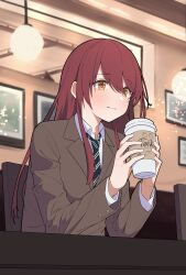Rule 34 | 1girl, absurdres, blue necktie, blush, brown hair, brown jacket, chair, closed mouth, cup, drawing (object), drinking straw, elbows on table, hair between eyes, hibiyairo, highres, holding, holding cup, idolmaster, idolmaster shiny colors, indoors, jacket, lamp, long hair, long sleeves, looking at another, necktie, osaki tenka, shirt, sitting, smile, solo, striped necktie, table, white shirt, yellow eyes