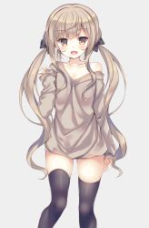 Rule 34 | 1girl, :d, bare shoulders, black bow, black thighhighs, blush, bow, breasts, brown background, brown eyes, brown shirt, collarbone, fang, fingernails, hair bow, hand up, highres, light brown hair, long hair, long sleeves, looking at viewer, low twintails, off shoulder, open mouth, original, shirt, sidelocks, simple background, sleeves past wrists, small breasts, smile, solo, standing, suzunone rena, thighhighs, twintails, very long hair