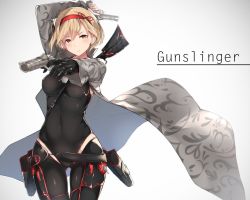 Rule 34 | 10s, 1girl, aiming, arm behind head, arm up, between breasts, black bodysuit, blonde hair, blush, bodysuit, breasts, brown eyes, buckle, character name, closed mouth, covered navel, cowboy shot, djeeta (granblue fantasy), dual wielding, earrings, english text, expressionless, gloves, granblue fantasy, grey background, grey jacket, gun, gunslinger (granblue fantasy), hair ribbon, hairband, handgun, holding, holding gun, holding weapon, holster, jacket, jewelry, latex, leotard, leotard under clothes, long sleeves, looking at viewer, nanahara fuyuki, open clothes, open jacket, pistol, red ribbon, ribbon, short hair, simple background, single glove, skin tight, solo, strap between breasts, text focus, thigh gap, thigh holster, trigger discipline, tsurime, unsheathed, weapon