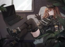 Rule 34 | 1girl, black footwear, black gloves, black shirt, black thighhighs, brown hair, commentary request, day, girls&#039; frontline, girls&#039; frontline 2: exilium, gloves, indoors, knee pads, long hair, looking at viewer, lying, night-vision device, notebook, one eye closed, qiujiao, shirt, single knee pad, smile, solo, thighhighs, twintails, ump9 (girls&#039; frontline)