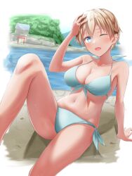Rule 34 | 1girl, arm support, bikini, blonde hair, blue bikini, blue eyes, blush, brave witches, breasts, cleavage, collarbone, hand on own head, highres, iwabuchi501, large breasts, looking at viewer, navel, nikka edvardine katajainen, one eye closed, open mouth, outdoors, short hair, side-tie bikini bottom, solo, swimsuit, world witches series