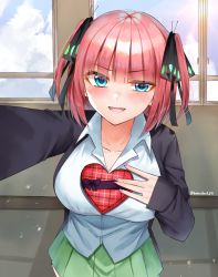 Rule 34 | &gt;:), 1girl, :d, black card, black ribbon, blue eyes, blunt bangs, breasts, butterfly hair ornament, cardigan, collarbone, gift, go-toubun no hanayome, green skirt, hair ornament, highres, indoors, kabedon, large breasts, lemon t, looking at viewer, multicolored nails, nail polish, nakano nino, open cardigan, open clothes, open mouth, pink hair, ribbon, school, school uniform, shirt, skirt, sleeves past wrists, smile, twintails, v-shaped eyebrows, valentine, white shirt, window