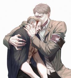 Rule 34 | 2boys, abs, armband, bare pectorals, black pants, blood, blood on face, collared shirt, couple, death, feet out of frame, hand on another&#039;s face, head kiss, highres, jacket, jacket on shoulders, leaning on person, male focus, marley military uniform, multiple boys, o3tofu, pants, pectorals, porco galliard, reiner braun, sad, shingeki no kyojin, shirt, short hair, spoilers, toned, toned male, undercut, yaoi