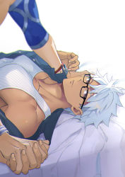 Rule 34 | 2boys, archer (fate), archer (summer casual) (fate), bespectacled, black-framed eyewear, blue shirt, blurry, blurry foreground, closed mouth, commentary request, cu chulainn (fate), cu chulainn (fate/stay night), cu chulainn (second ascension) (fate), dark-skinned male, dark skin, depth of field, emya, fate/stay night, fate (series), glasses, holding hands, interlocked fingers, jewelry, looking at viewer, lying, male focus, multiple boys, off shoulder, official alternate costume, on back, open clothes, open shirt, pectorals, shirt, short hair, single bare shoulder, solo focus, striped tank top, tank top, upper body, white hair