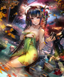 Rule 34 | 1girl, afloat, animal, autumn, autumn leaves, backlighting, bare shoulders, black hair, black ribbon, blonde hair, blue eyes, breasts, bucket, building, cherry blossoms, cleavage, closed mouth, collarbone, copyright request, cup, day, drink, dutch angle, floral print, hair ornament, hair ribbon, hair stick, hairband, holding, japanese macaque, katateoke, lantern, lens flare, liduke, liquid, long hair, looking at viewer, medium breasts, monkey, naked towel, official art, onsen, original, outdoors, pink lips, plant, ribbon, rock, smile, solo, standing, sunlight, teapot, towel, towel on head, tree, very long hair, wading, water, water drop, wet, wooden bucket, wristband