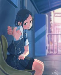 Rule 34 | 1girl, absurdres, bike shorts, black hair, black vest, blue ribbon, blurry, chair, commentary request, depth of field, earphones, feet out of frame, grin, hair ornament, hairclip, highres, kantai collection, kuroshio (kancolle), laminar flow, looking at viewer, neck ribbon, pleated skirt, railing, ribbon, school uniform, shirt, short hair, short sleeves, shorts, shorts under skirt, signature, sitting, skirt, smile, solo, vest, white shirt