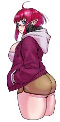Rule 34 | 1girl, ahoge, ass, borrowed character, breasts, brown shorts, cropped legs, drawstring, elf, fang, from behind, hands in pockets, headphones, headphones around neck, highres, hood, hood down, hoodie, huge breasts, large breasts, looking back, luna ciyradil (aikuxa), open clothes, open hoodie, original, pointy ears, purple eyes, red-framed eyewear, red hair, second-party source, semi-rimless eyewear, short shorts, shorts, simple background, skin fang, solo, synecdoche, thick thighs, thighs, under-rim eyewear, white background