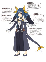 Rule 34 | 1girl, bare shoulders, belt, black dress, blue hair, bow, breasts, character profile, choker, cleavage, collarbone, commentary request, dizzy (guilty gear), dress, full body, guilty gear, guilty gear xrd, hair ribbon, hair rings, high heels, highres, long hair, long sleeves, off shoulder, orippa, puffy long sleeves, puffy sleeves, red eyes, ribbon, simple background, smile, solo, spoilers, tail, tail ornament, tail ribbon, translation request, twintails, white background, wings, yellow bow