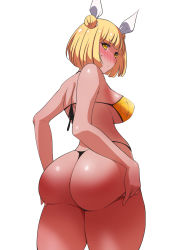 Rule 34 | 1girl, ass, ass grab, bikini, blonde hair, blush, breasts, cropped legs, double bun, from behind, from below, grabbing own ass, hair bun, hair ribbon, highres, huge ass, joutouguu mayumi, looking at viewer, looking back, medium breasts, micro bikini, otoufu (wddkq314band), ribbon, simple background, solo, swimsuit, thick thighs, thighs, touhou, white background, white ribbon, yellow bikini, yellow eyes