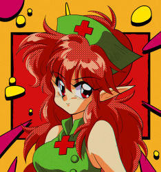 Rule 34 | 1990s (style), 1girl, araizumi rui (style), character request, dynamite nurse, hat, highres, long hair, looking to the side, nurse, nurse cap, pointy ears, potiri02, red eyes, red hair, retro artstyle, solo