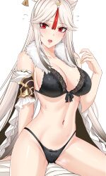 Rule 34 | 1girl, absurdres, bare shoulders, black bra, black panties, blush, bra, breasts, genshin impact, hand up, highres, large breasts, long hair, looking at viewer, navel, ningguang (genshin impact), noise paper, open mouth, panties, red eyes, simple background, solo, stomach, thighs, underwear, white background, white hair