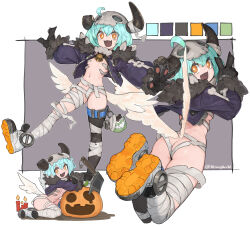 Rule 34 | + +, 1girl, :d, animal hands, ass, axe, bandages, bell, black gloves, black thighhighs, blue hair, breasts, bright pupils, broken horn, butt crack, candle, color guide, commission, cropped jacket, fang, from behind, fur-trimmed jacket, fur trim, gloves, highres, horns, jack-o&#039;-lantern, jacket, looking at viewer, looking back, low wings, n9+, navel, open clothes, open jacket, open mouth, orange eyes, original, paw gloves, purple jacket, shoes, single thighhigh, skeb commission, skin fang, skull on head, small breasts, smile, solo, standing, standing on one leg, thighhighs, twitter username, v, white pupils, wings