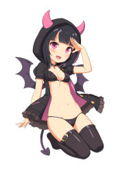 Rule 34 | 1girl, :d, bat wings, bikini, black bikini, black jacket, black thighhighs, blush, breasts, demon girl, demon horns, demon tail, demon wings, fang, full body, hand up, hood, hood up, horns, horns through headwear, jacket, kneeling, looking at viewer, navel, open clothes, open jacket, open mouth, original, puffy short sleeves, puffy sleeves, salute, sasaame, short sleeves, simple background, skindentation, small breasts, smile, solo, swimsuit, tail, thighhighs, white background, wings
