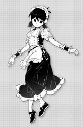 Rule 34 | 1girl, alternate costume, black eyes, black footwear, black hair, closed mouth, colored skin, enmaided, expressionless, full body, genderswap, genderswap (mtf), highres, looking away, maid, maid headdress, omori, omori (omori), short hair, short sleeves, short twintails, solo, twintails, white skin, zs zealsummer