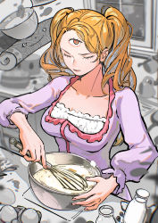 Rule 34 | 1girl, absurdres, breasts, brown eyes, brown hair, charlotte pudding, cleavage, cooking, highres, homie (one piece), jewelry, large breasts, lips, long hair, looking at another, mygiorni, one piece, solo, standing, third eye, twintails, very long hair, wavy hair