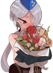 Rule 34 | 1girl, akisas99, black gloves, black skirt, blue hat, blush, bouquet, breasts, brid (nikke), closed mouth, colored inner hair, elbow gloves, flower, garrison cap, gloves, goddess of victory: nikke, green hair, hat, high-waist skirt, highres, holding, holding bouquet, large breasts, long hair, looking down, low-tied long hair, multicolored hair, shirt, simple background, skirt, smile, solo, third-party source, two-tone hair, white background, white hair, white shirt