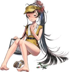 Rule 34 | 1girl, aircraft, aircraft request, airplane, bag, barefoot, black eyes, black hair, brown hair, burnt clothes, dress, feet, full body, gradient hair, hat, kantai collection, long hair, looking at viewer, multicolored hair, official art, one-piece swimsuit, parted lips, ponytail, sandals, shoes, sitting, solo, swimsuit, third-party source, transparent background, umihara sakana, unworn sandal, unworn sandals, unworn shoes, visor cap, yamashio maru (kancolle), yellow dress, yellow hat, yellow one-piece swimsuit