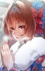 Rule 34 | 1girl, animal ears, blue kimono, blurry, blurry background, bow, breath, brown hair, daiwa scarlet (umamusume), fang, floral print, fur-trimmed kimono, fur trim, hair bow, hands up, horse ears, japanese clothes, kimono, long hair, looking at viewer, open mouth, own hands together, palms together, red eyes, skin fang, smile, solo, tiara, twintails, umamusume, upper body, usa b