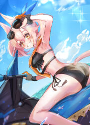 1girl adjusting_eyewear alternate_costume animal_ears armpits ass bikini black_bikini breasts day duel_monster dutch_angle frilled_bikini frills grin highres jet_ski kitt_(yu-gi-oh!) life_vest looking_at_viewer looking_back medium_breasts noppe ocean outdoors sky smile solo sunglasses swimsuit tail tri-brigade_kitt twintails watercraft yu-gi-oh!