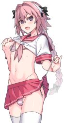 Rule 34 | 1boy, absurdres, ae (aeiu4114), astolfo (sailor paladin) (fate), bikini, bikini under clothes, black bow, blush, bow, braid, clothes lift, cowboy shot, fang, fate/grand order, fate (series), flashing, groin, hair between eyes, hair bow, hair intakes, highres, lifted by self, long hair, looking at viewer, low-braided long hair, low-tied long hair, male focus, micro bikini, miniskirt, navel, neckerchief, official alternate costume, open mouth, pink bikini, pink eyes, pink hair, pink neckerchief, pleated skirt, red sailor collar, red skirt, sailor collar, school uniform, serafuku, shirt lift, short sleeves, side-tie bikini bottom, simple background, single braid, skin fang, skirt, smile, solo, stomach, striped bikini, striped clothes, swimsuit, thighhighs, trap, white background, white serafuku, white thighhighs