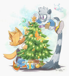 Rule 34 | christmas sweater, christmas tree, closed eyes, dated, finik, furry, furry female, gift, gloves, highres, pants, shoes, signature, sonic (series), tangle the lemur, whisper the wolf, white gloves, wisp (sonic)