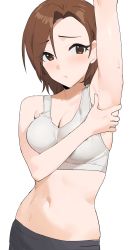 Rule 34 | 1girl, absurdres, arm up, armpits, asymmetrical bangs, black pants, breasts, brown hair, cleavage, highres, idolmaster, idolmaster cinderella girls, midriff, mizuki seira, navel, onao, outstretched arm, pants, short hair, simple background, solo, tank top, white background, white tank top