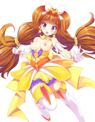 Rule 34 | 1girl, amanogawa kirara, blush, breasts, breasts out, brown hair, cure twinkle, earrings, gloves, go! princess precure, jewelry, katsuo, long hair, magical girl, nipples, open mouth, precure, purple eyes, sabano niwatori, simple background, solo, star (symbol), star earrings, thighhighs, twintails, white background, white gloves, white thighhighs, zettai ryouiki