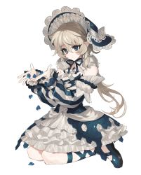 Rule 34 | 1girl, bad id, bad pixiv id, blue footwear, bonnet, detached sleeves, dress, frilled dress, frills, hair between eyes, highres, kneeling, lolita fashion, long hair, lunch (lunchicken), original, petals, platinum blonde hair, shoes, simple background, solo, striped sleeves, transparent background, white background