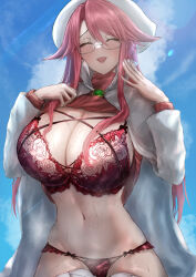 Rule 34 | 1girl, absurdres, aty (summon night), blue sky, bra, breasts, cleavage, closed eyes, coat, commentary request, glasses, hands up, highres, huge breasts, long sleeves, navel, open mouth, panties, red bra, red hair, red panties, sky, smile, solo, summon night, summon night 3, torishu (kumataka 4867), underwear, white coat