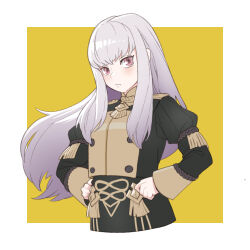 Rule 34 | 1girl, black dress, breasts, brown background, closed mouth, commentary request, cropped torso, dress, fire emblem, fire emblem: three houses, floating hair, garreg mach monastery uniform, grey hair, hands on own hips, juliet sleeves, long hair, long sleeves, looking at viewer, lysithea von ordelia, nintendo, pink eyes, puffy sleeves, sinnra art, sleeves past wrists, small breasts, solo, two-tone background, upper body, very long hair, white background