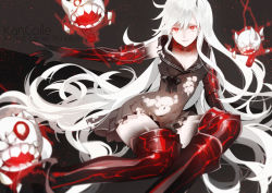 Rule 34 | 10s, 1girl, abyssal ship, aircraft carrier princess, arm support, armlet, armor, armored boots, bad id, bad pixiv id, black dress, black footwear, black skin, black thighhighs, blurry, boots, breasts, character name, cleavage, colored skin, copyright name, depth of field, dress, kadokawa shoten, kantai collection, kurisu takumi, large breasts, long hair, looking at viewer, monster, multicolored skin, navel, no bra, one side up, pale skin, parted lips, red eyes, sailor dress, short dress, side ponytail, sitting, solo, thigh boots, thighhighs, torn clothes, torn dress, veins, very long hair, white hair, white skin