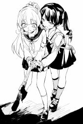 Rule 34 | 2girls, :o, armband, axe, blood, cardigan, clothing cutout, fishnet legwear, fishnets, greyscale, hair ribbon, hand on another&#039;s hand, hand on another&#039;s shoulder, heavy breathing, high ponytail, highres, holding, holding axe, loafers, long sleeves, looking at another, monochrome, multiple girls, natori sana, neckerchief, nijisanji, puffy long sleeves, puffy sleeves, ribbon, safety pin, sailor collar, sana channel, scared, shoes, shoulder cutout, skirt, socks, soto, tsukino mito, tsukino mito (14th costume), twintails, virtual youtuber