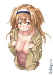 Rule 34 | 1girl, blush, breasts, brown coat, brown eyes, coat, collarbone, cropped torso, ebifurya, embarrassed, from above, hair between eyes, hairband, highres, i-26 (kancolle), kantai collection, large breasts, light brown hair, long hair, long sleeves, looking at viewer, naked coat, simple background, solo, twitter username, two side up, white background