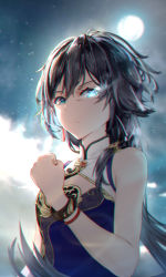 Rule 34 | 1girl, absurdres, alternate costume, blue eyes, china dress, chinese clothes, clenched hand, dress, fu hua, fu hua (blue swallow), fu hua (valkyrie accipiter), glowing, glowing eye, grey hair, hbb, highres, honkai (series), honkai impact 3rd, looking at viewer, moon, night, night sky, outdoors, ponytail, sky, solo