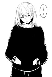Rule 34 | ..., 1girl, blush, closed mouth, greyscale, hands in pockets, highres, looking at viewer, monochrome, original, pants, simple background, solo, spoken ellipsis, sweatdrop, sweater, track pants, upper body, warabino matsuri