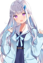 Rule 34 | 1girl, belt, blue hair, blunt bangs, braid, buttons, crown braid, dress, hair ornament, head tilt, highres, lize helesta, long hair, long sleeves, looking at viewer, multicolored hair, nijisanji, open mouth, purple eyes, sailor collar, sailor dress, shiino sera, simple background, solo, standing, sweater, two-tone hair, upper body, virtual youtuber, white background, white hair, white sailor collar