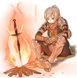 Rule 34 | 1girl, armor, blonde hair, bonfire, chainmail, chosen undead, dark souls (series), dark souls i, fire, from software, full armor, gauntlets, greaves, long hair, md5 mismatch, minatsuki randoseru, ponytail, simple background, sitting, solo, sword, translated, weapon, white background