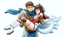 Rule 34 | 1boy, 1girl, ahri (league of legends), animal ears, armor, bare shoulders, breasts, brown hair, carrying, cleavage, closed eyes, detached sleeves, fox ears, fox tail, garen (league of legends), korean clothes, league of legends, long hair, medium breasts, multiple tails, princess carry, short hair, sieyarelow, simple background, tail